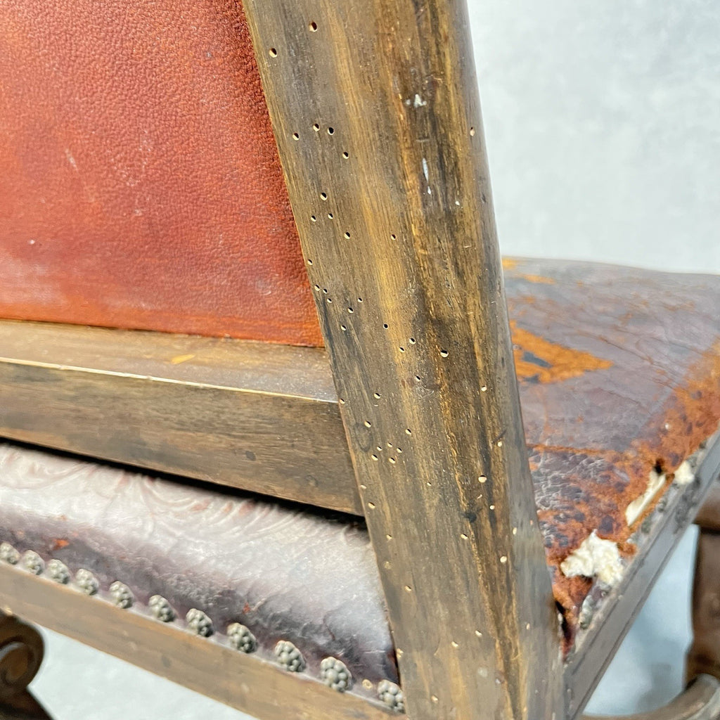 Antique Victorian Renaissance Revival Oak Hall Chair c.1880s Tooled Leather Seat
