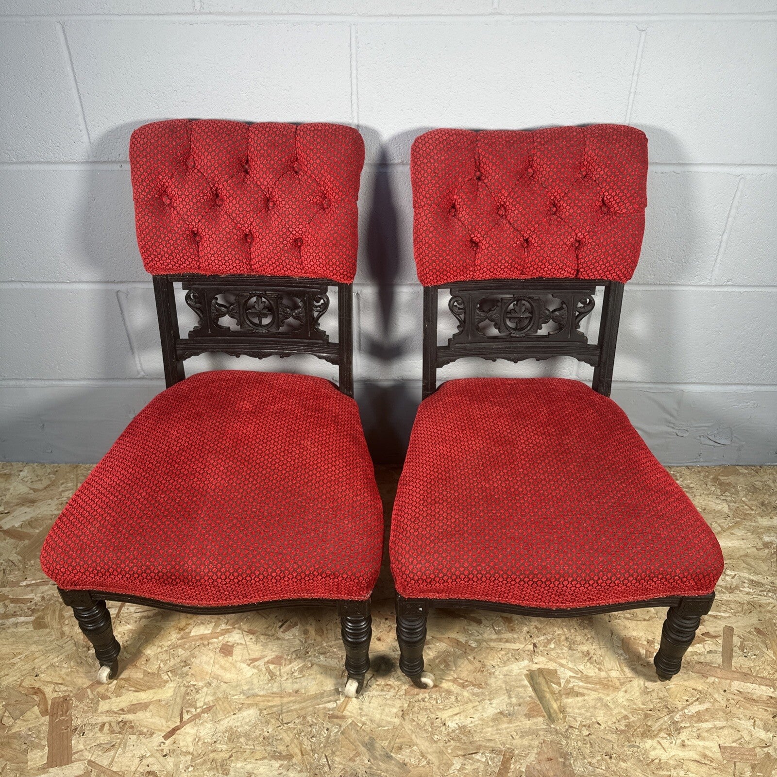 Pair of Antique Carved Nursing Chairs | Black Painted | Red Upholstery | Castors