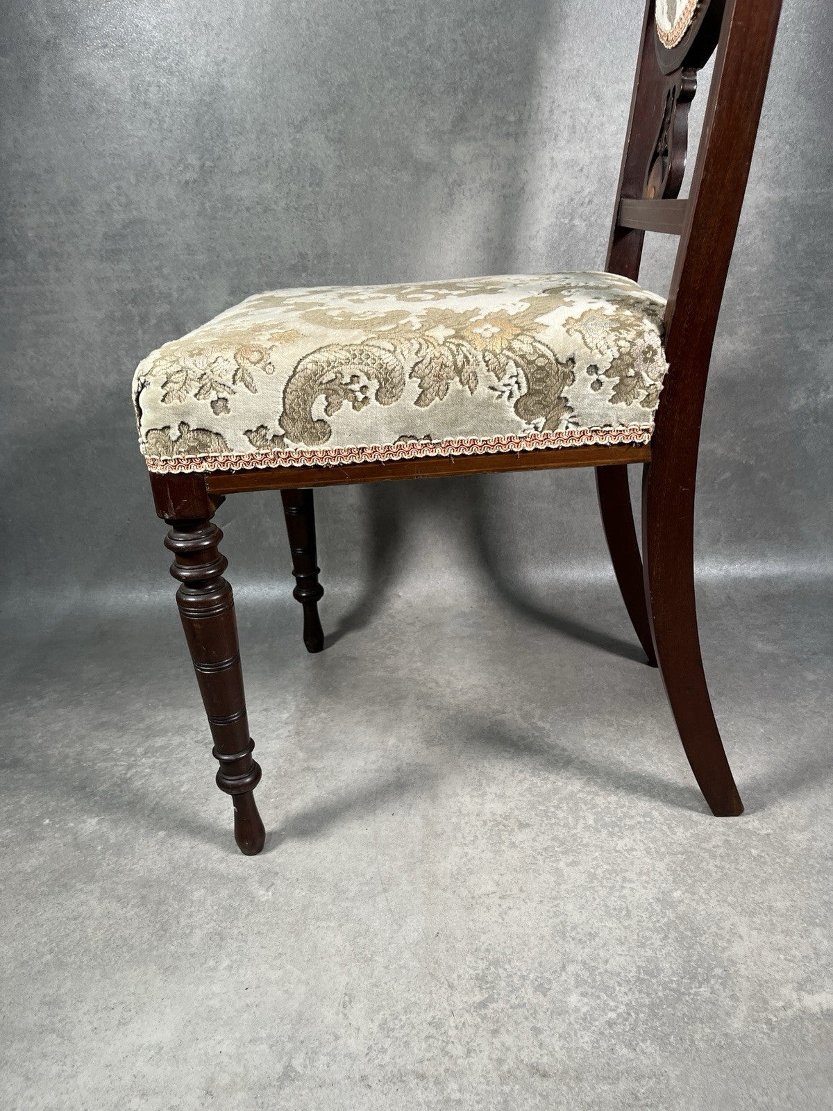 Edwardian Inlaid Mahogany Chair | Satinwood Fan Motif | Floral Upholstery | c.1900 | Antique | Used