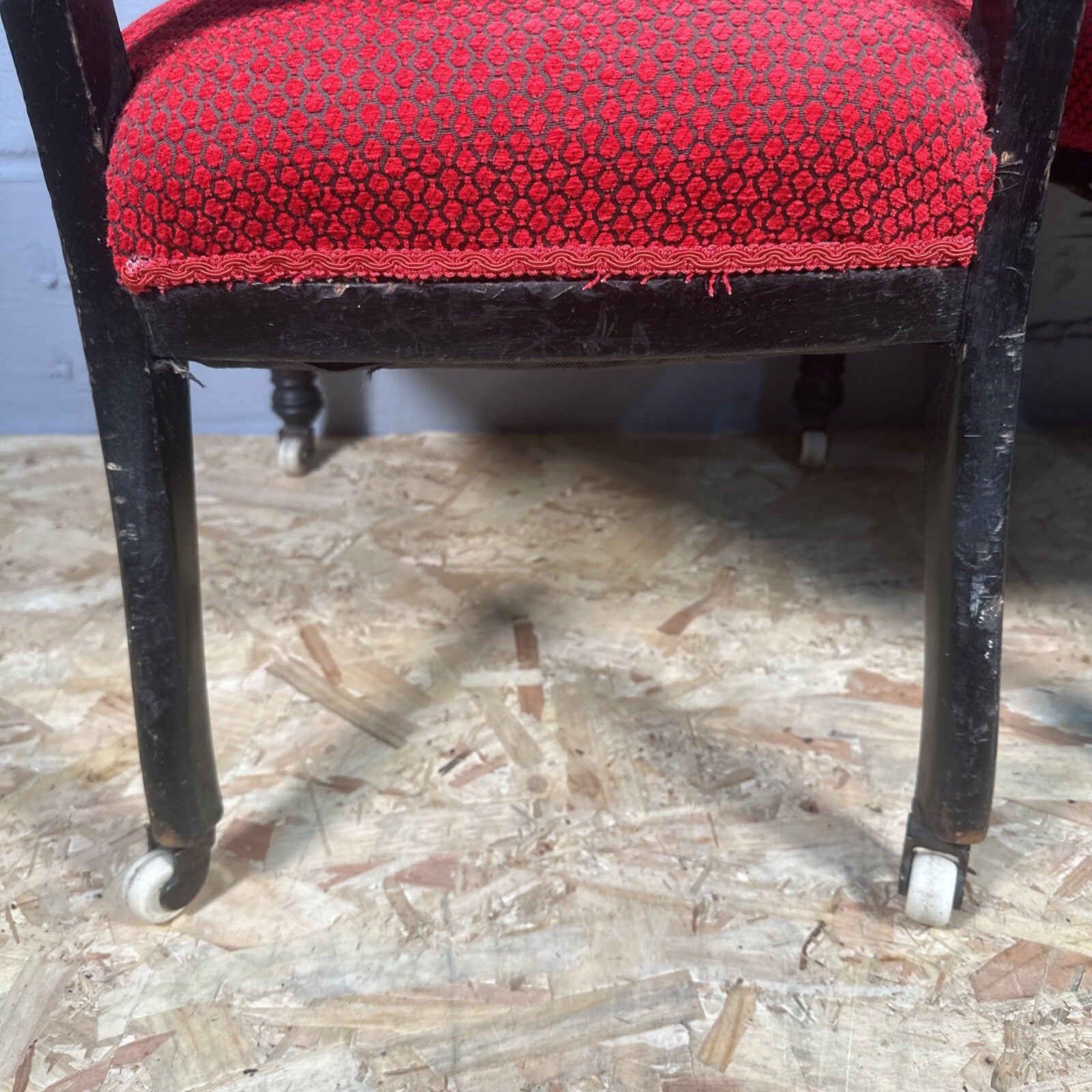 Pair of Antique Carved Nursing Chairs | Black Painted | Red Upholstery | Castors