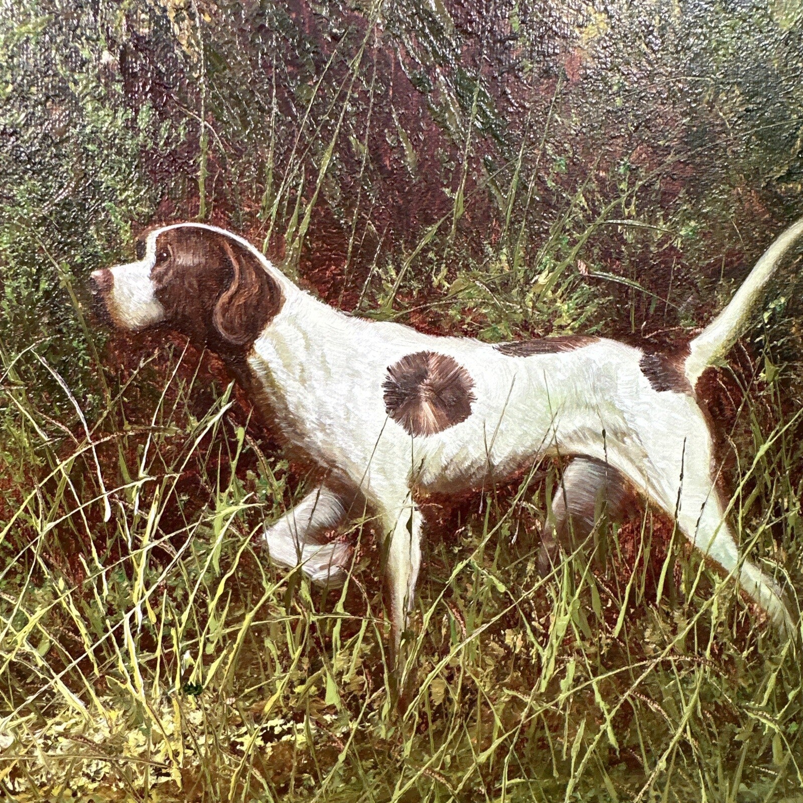 Large Signed Oil on Canvas Hunting Scene | Dog & Pheasants by L. Eiford | Framed | Vintage Art