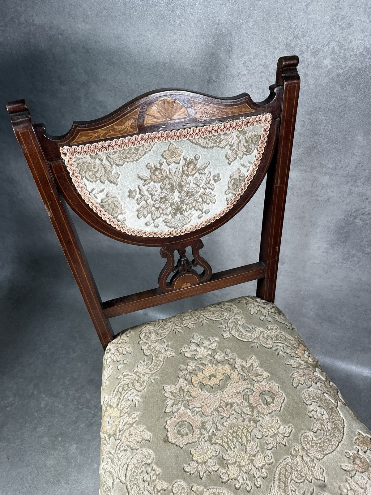 Edwardian Inlaid Mahogany Chair | Satinwood Fan Motif | Floral Upholstery | c.1900 | Antique | Used