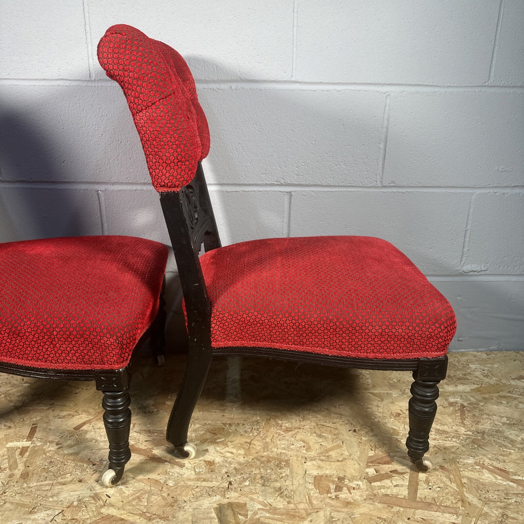 Pair of Antique Carved Nursing Chairs | Black Painted | Red Upholstery | Castors