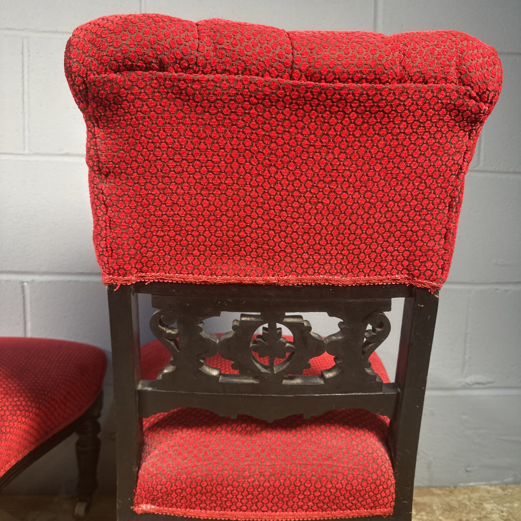Pair of Antique Carved Nursing Chairs | Black Painted | Red Upholstery | Castors