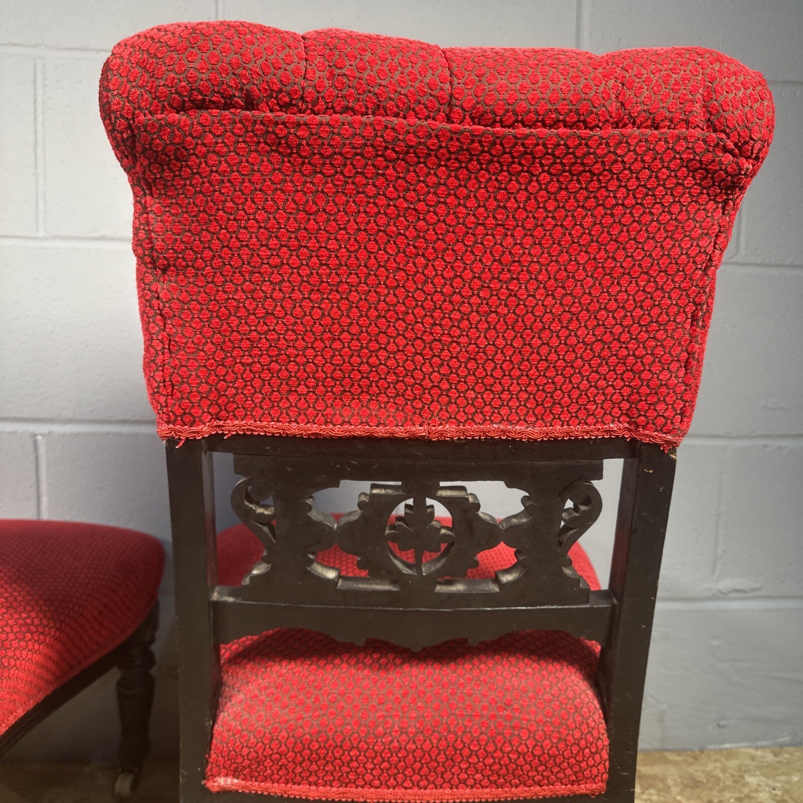 Pair of Antique Carved Nursing Chairs | Black Painted | Red Upholstery | Castors