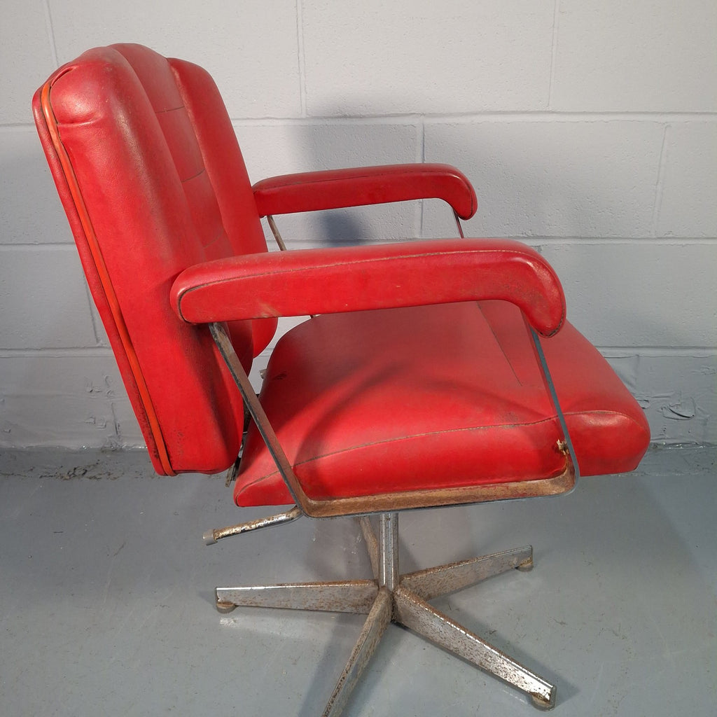Vintage Red Vinyl Swivel Armchair | Barber Salon Style | Used | Restoration Project