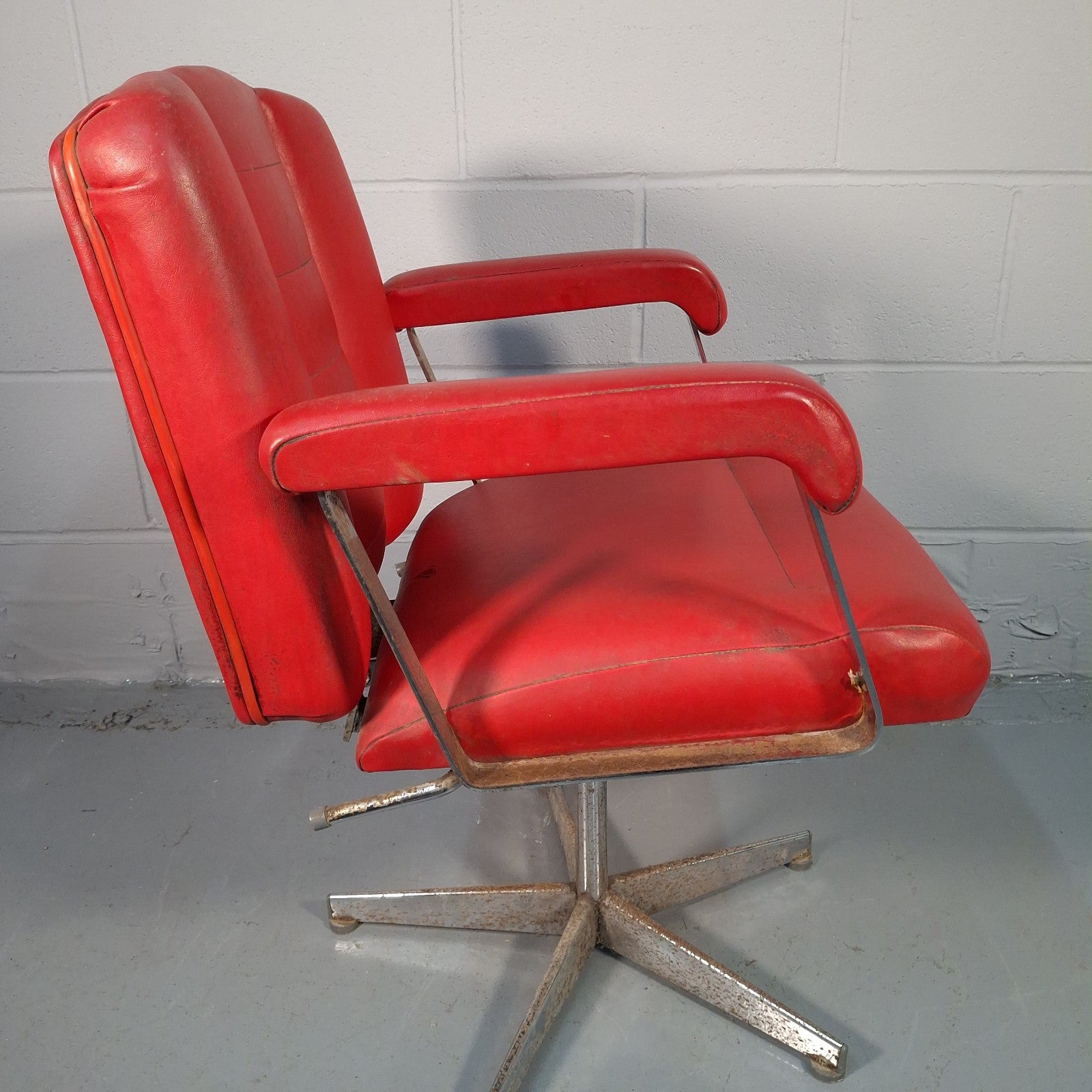 Vintage Red Vinyl Swivel Armchair | Barber Salon Style | Used | Restoration Project