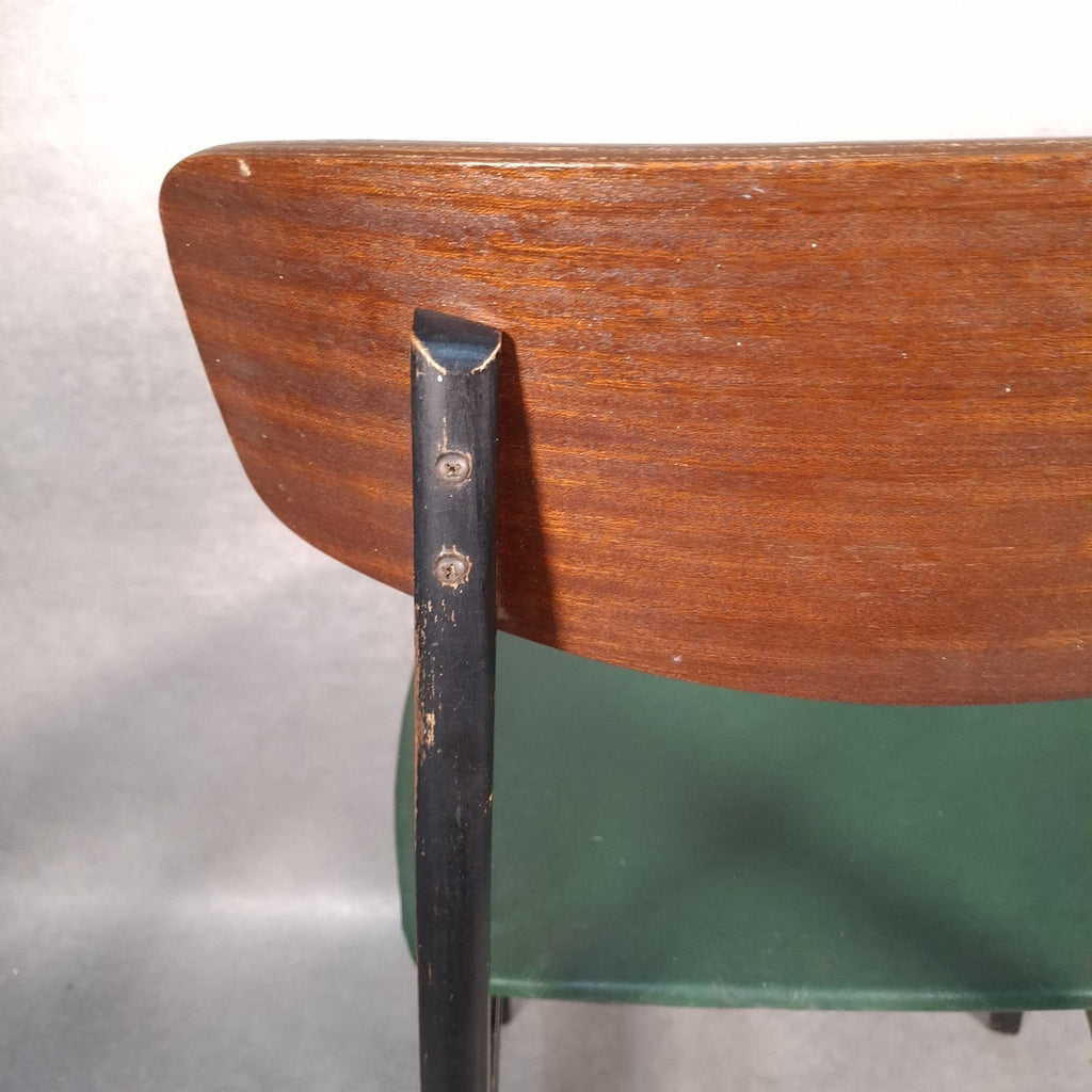 Vintage 1960s Mid-Century School Chair | Green Vinyl Seat & Bent Ply Backrest | Black Frame | Used