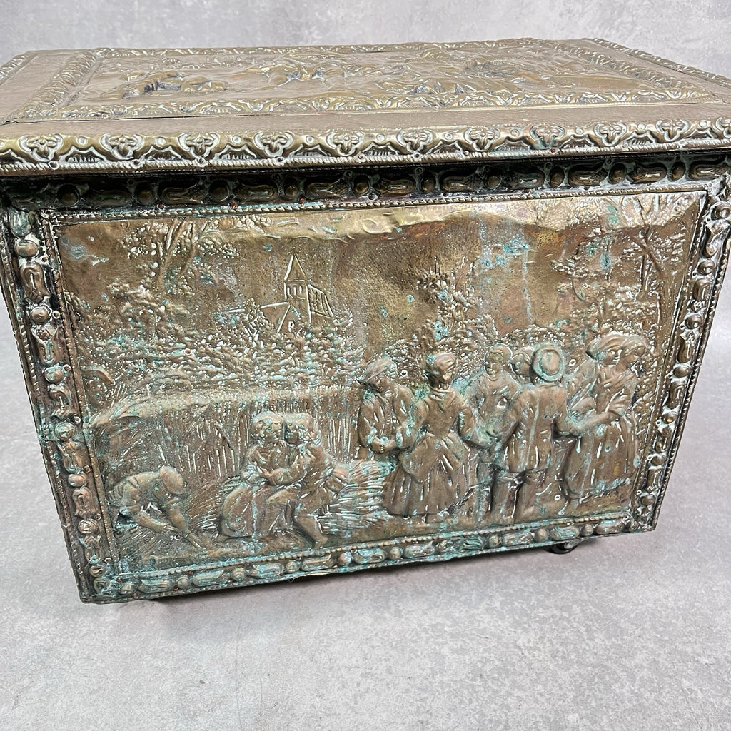 Vintage Embossed Brass Coal Box / Log Box - Tavern & Hunting Scenes - Victorian/Edwardian Style - Used