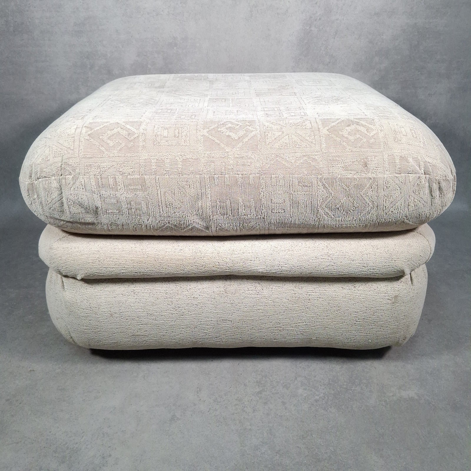 Footstool Pouffe Ottoman Geometric Pattern Fabric 80s 90s Upholstered VTG Beige