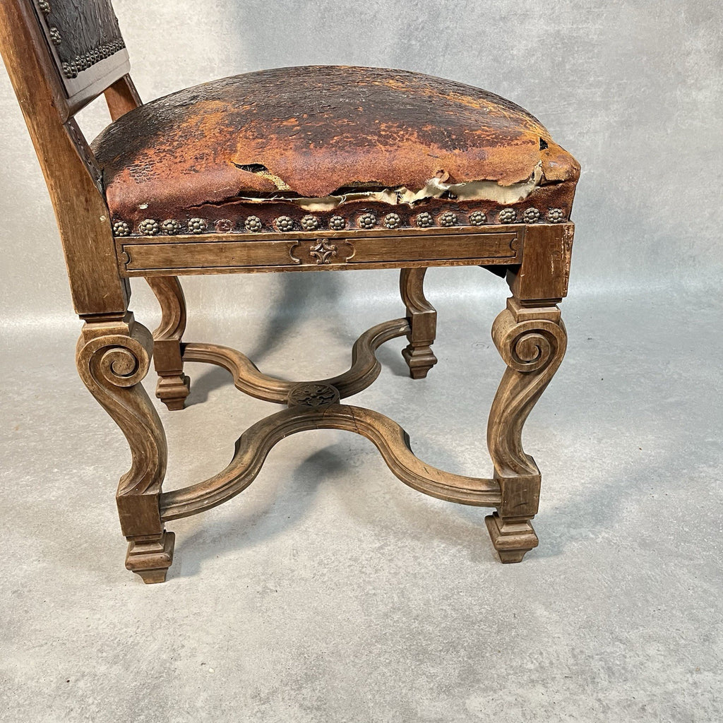 Antique Victorian Renaissance Revival Oak Hall Chair c.1880s Tooled Leather Seat
