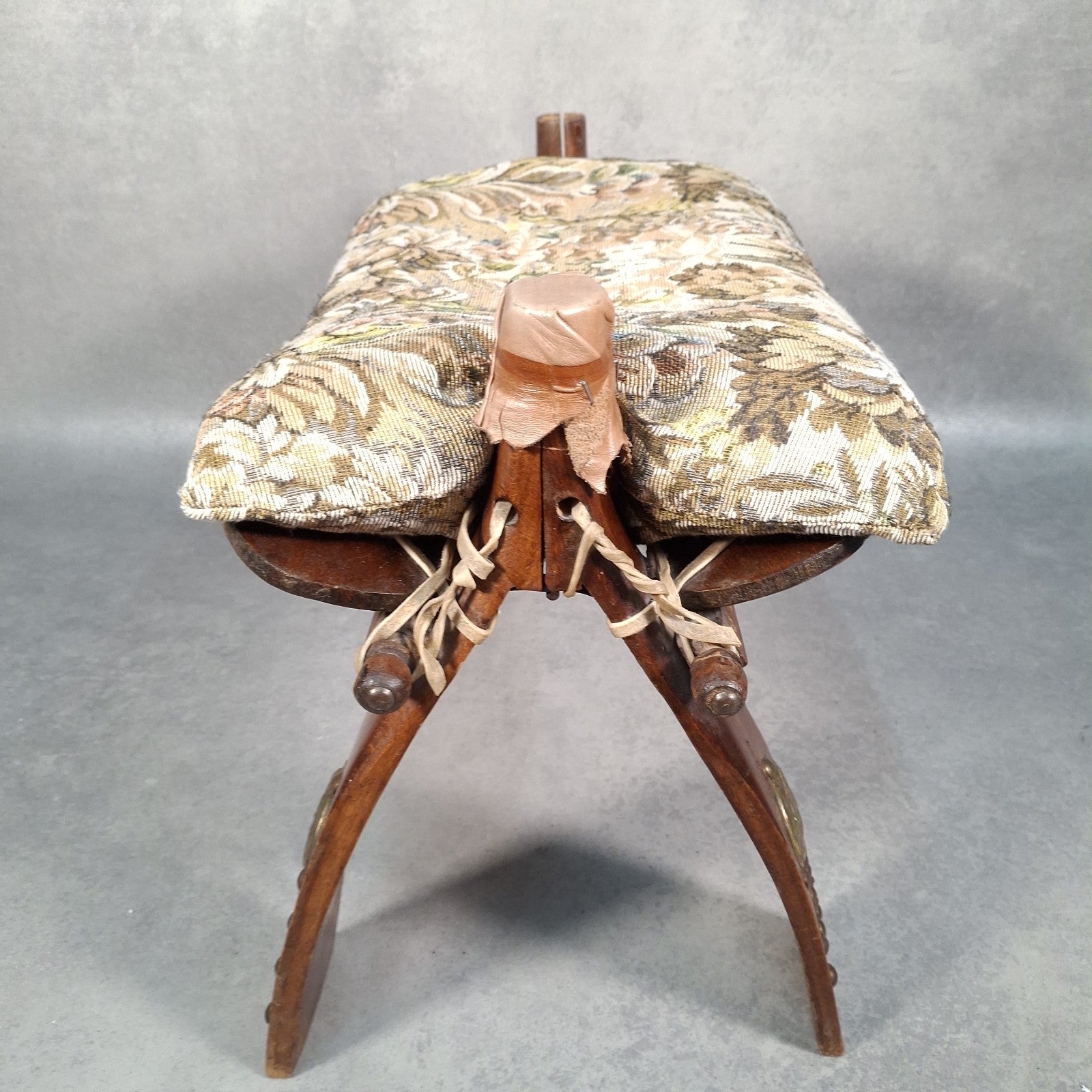 Vintage Egyptian Camel Saddle Foot Stool Cushion Brass Plates