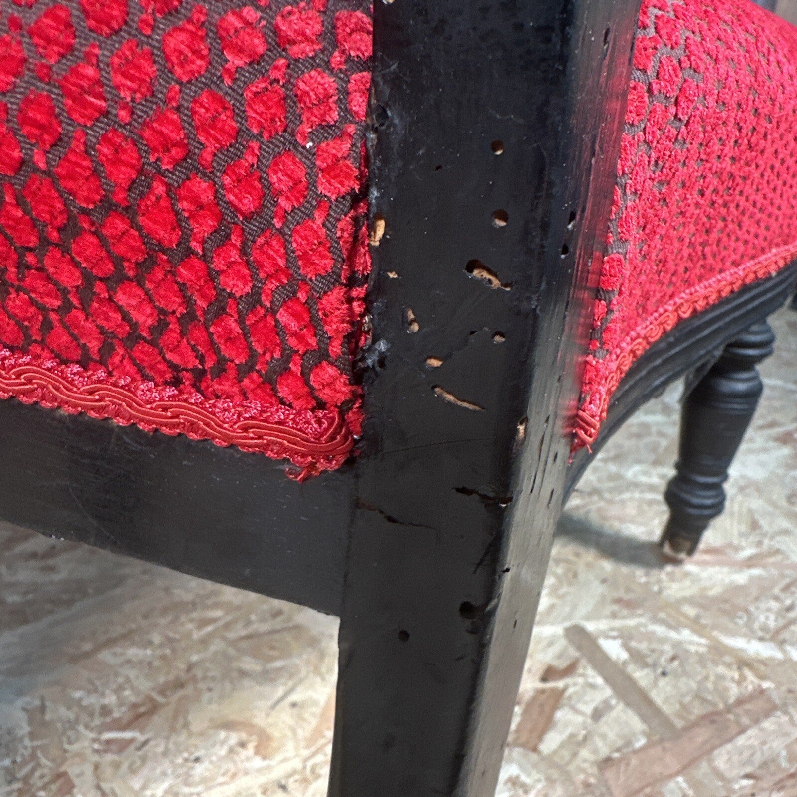 Pair of Antique Carved Nursing Chairs | Black Painted | Red Upholstery | Castors