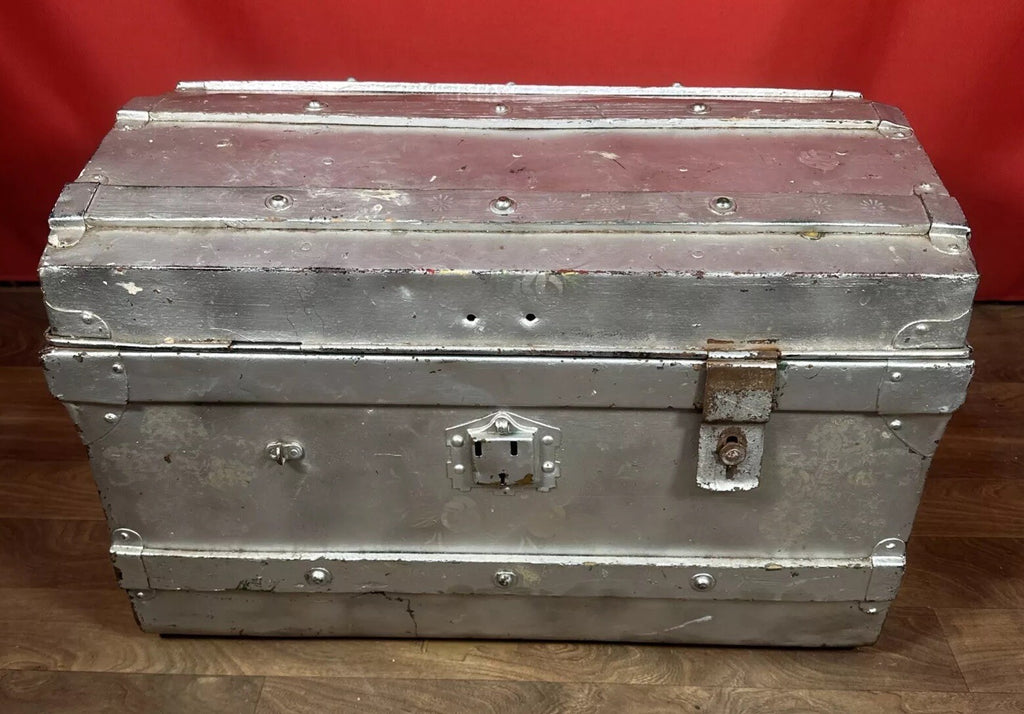 Large Vintage Metal Dome-Top Steamer Trunk - Storage Chest, Stage Prop, One Latch Missing, Used