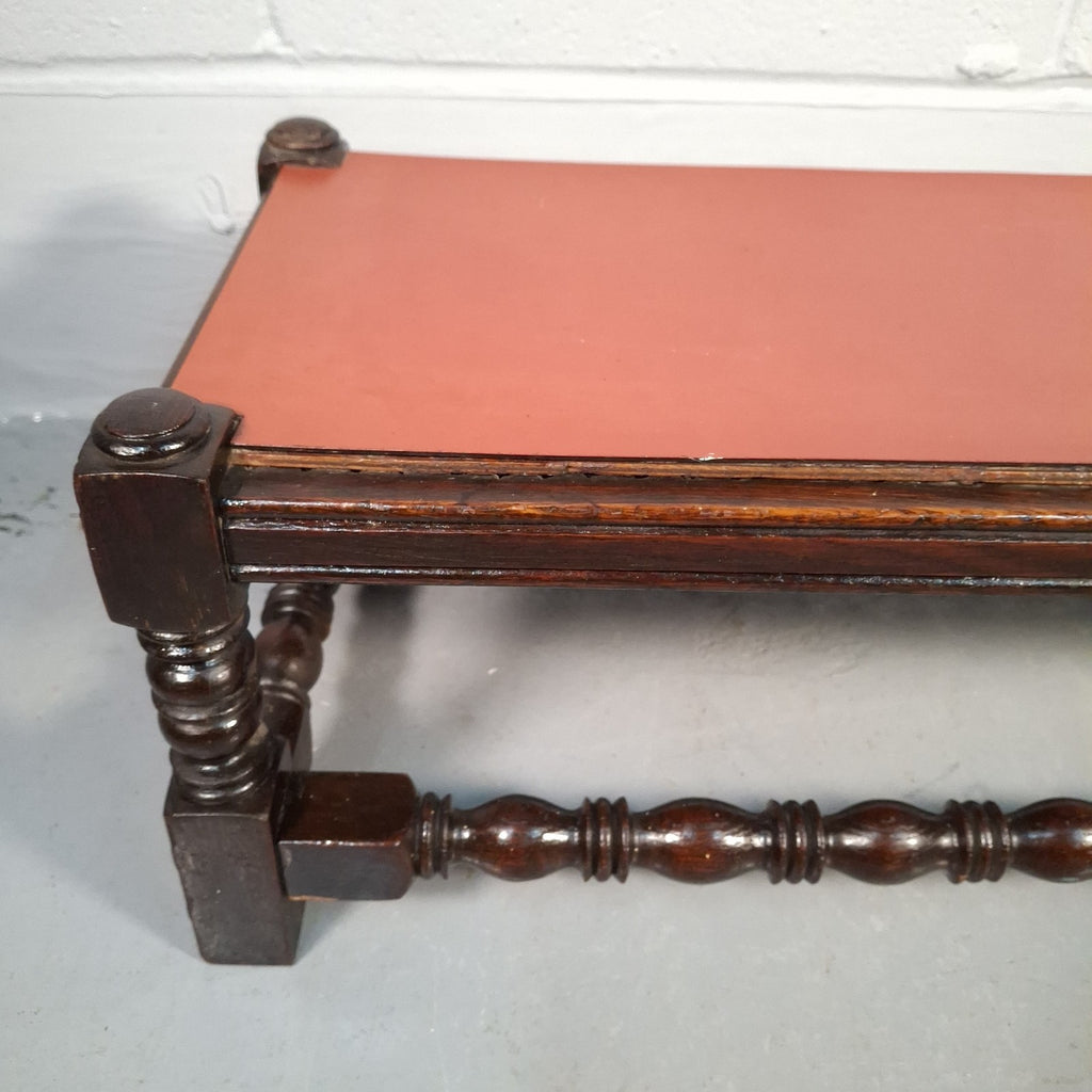Antique Victorian Mahogany Footstool Plant Stand Turned Wood Small Table Red Top