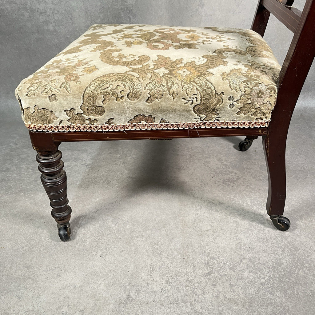 Edwardian Inlaid Mahogany Bedroom Chair | Satinwood Fan Motif | Floral Upholstery | Castors | c.1900 | Used
