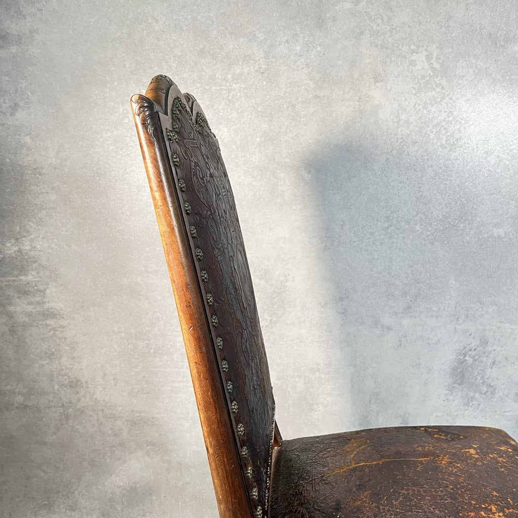 Antique Victorian Renaissance Revival Oak Hall Chair c.1880s Tooled Leather Seat