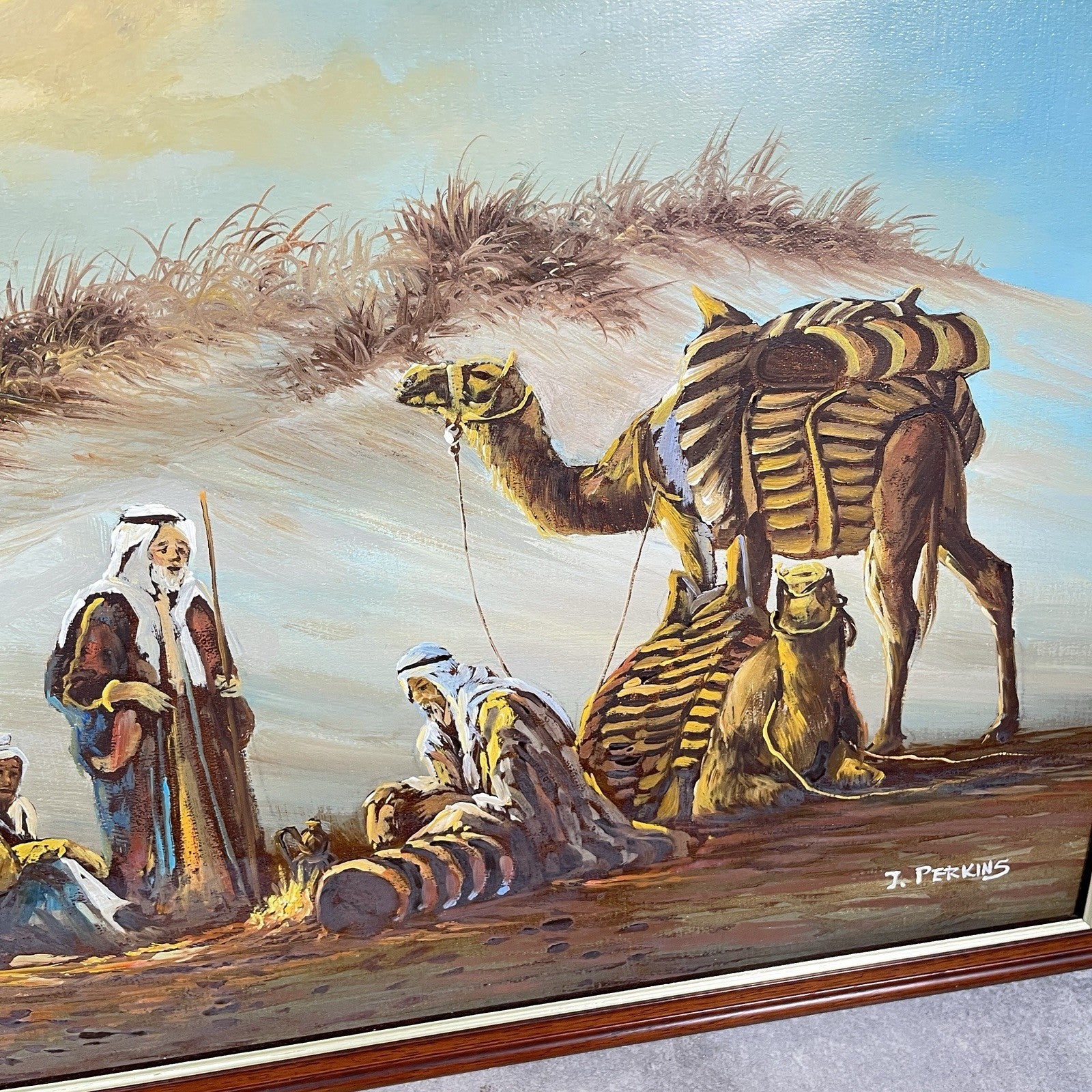 Signed Original Painting on Board | Desert Camel Scene with Travellers | J. Perkins | Framed | Used