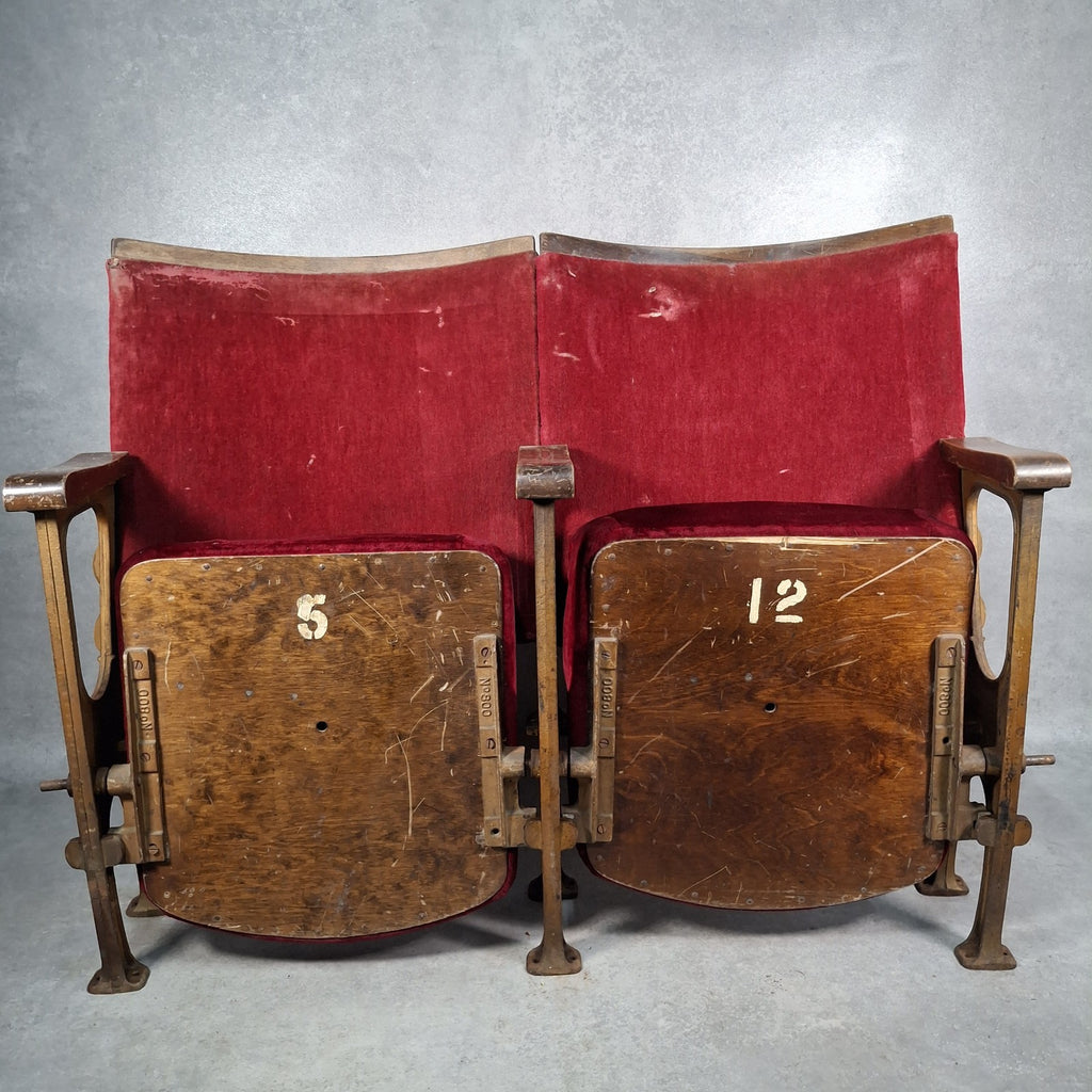 Art Deco Vintage Twin Cinema Theatre Fold-Up Seats | Red Fabric | Original Row Numbers
