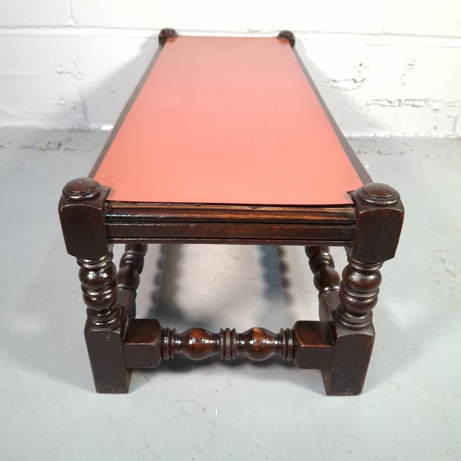 Antique Victorian Mahogany Footstool Plant Stand Turned Wood Small Table Red Top