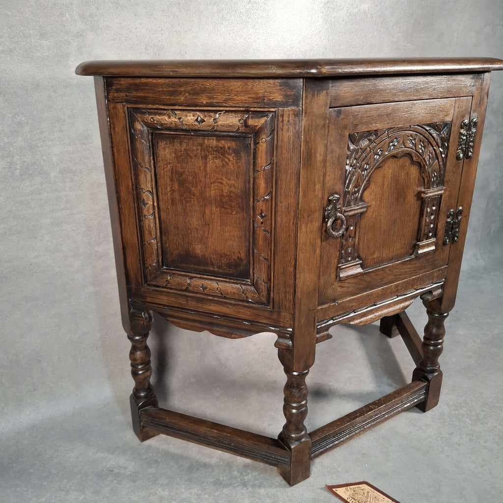 Old Charm Wood Bros Oak Hall Stand Cabinet – Carved Tudor Style Side Cupboard