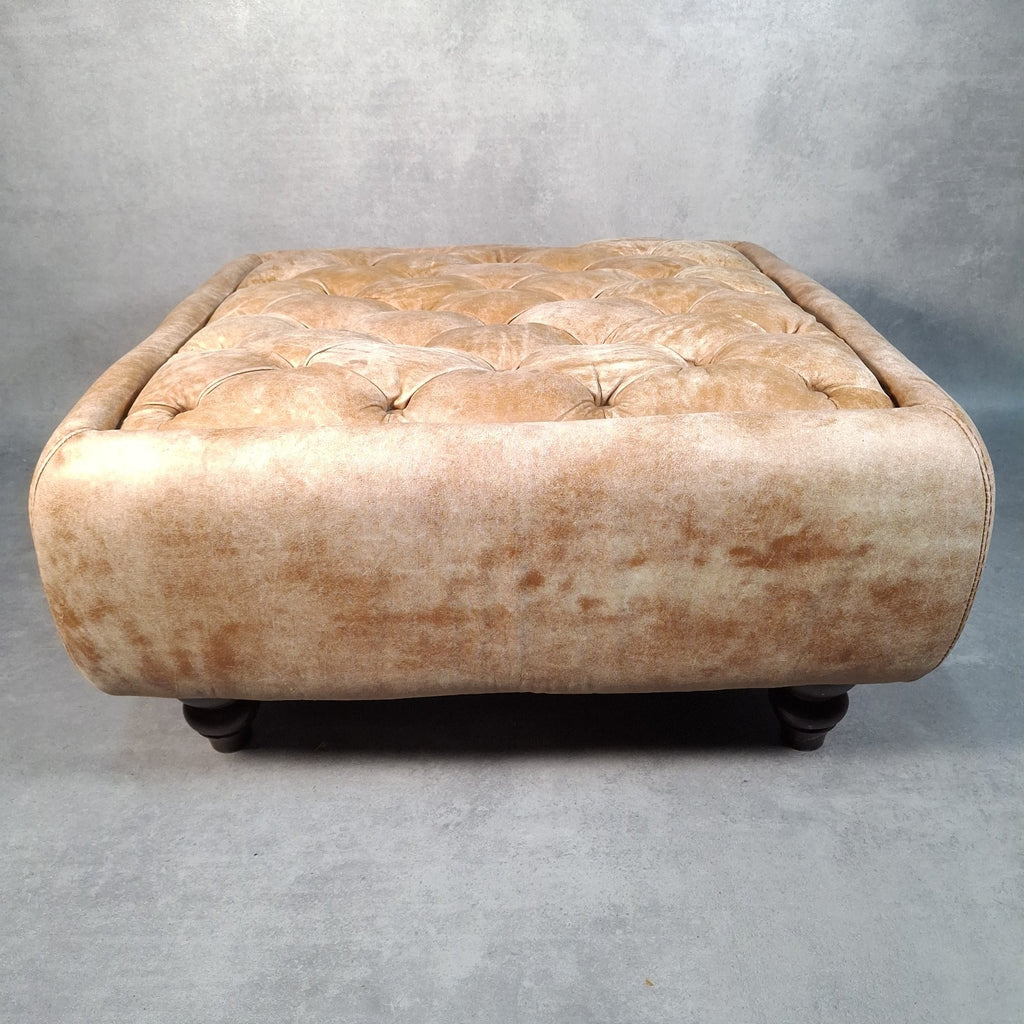 Large Square Tan Leather Chesterfield-Style Footstool | Button Top | Rustic | Used | 72cm