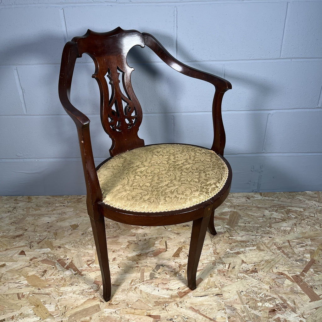 Edwardian Mahogany Upholstered Corner Chair | Oval Base | Antique | Used | Needs Repair
