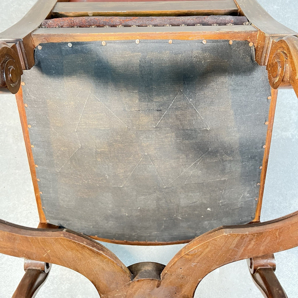 Antique Victorian Renaissance Revival Oak Hall Chair c.1880s Tooled Leather Seat