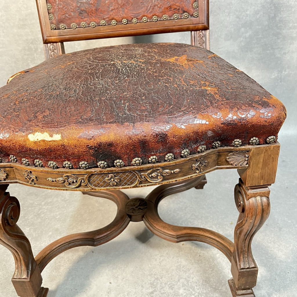 Antique Victorian Renaissance Revival Oak Hall Chair c.1880s Tooled Leather Seat
