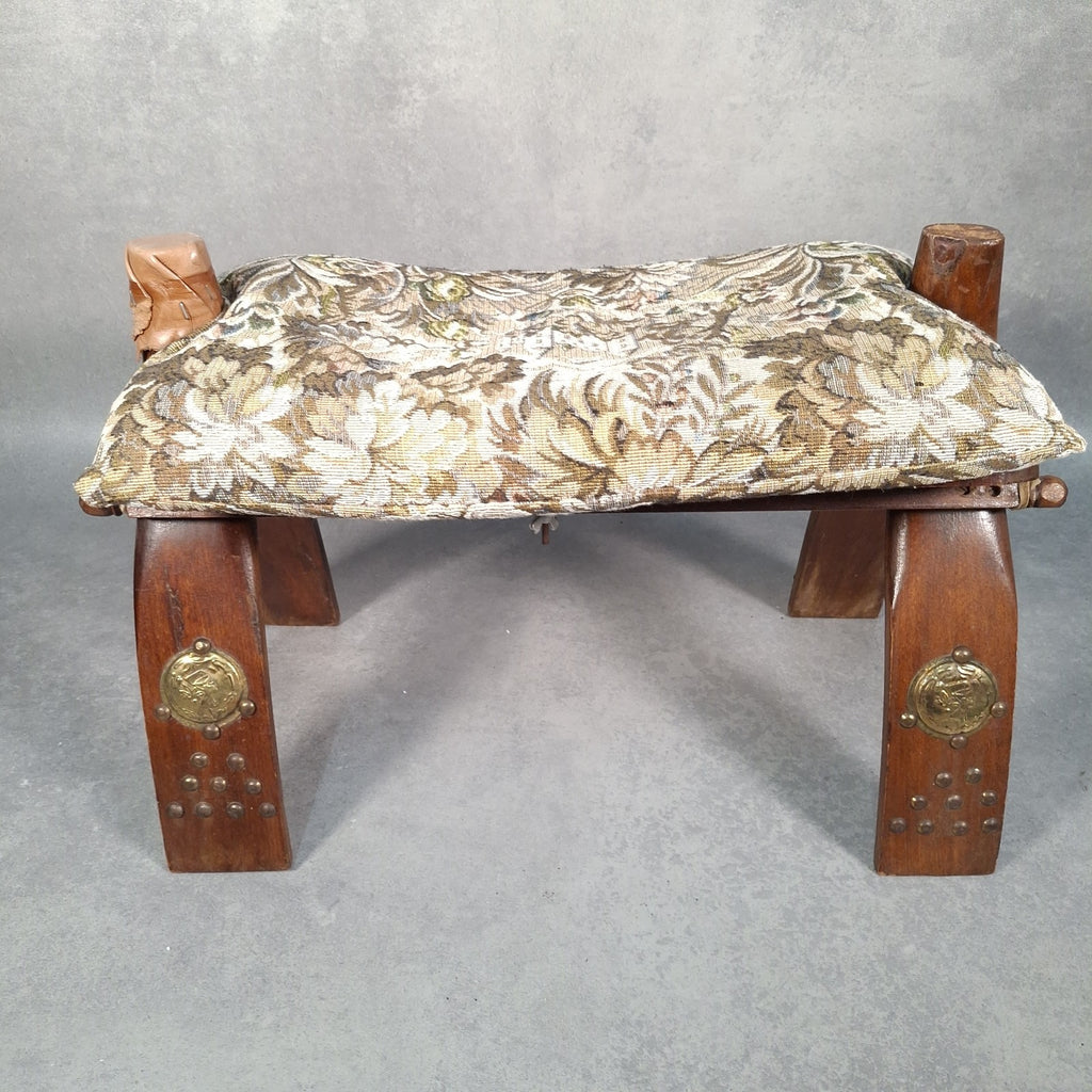 Vintage Egyptian Camel Saddle Foot Stool Cushion Brass Plates
