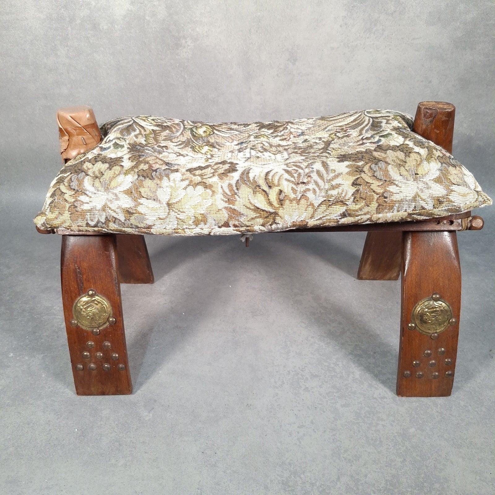 Vintage Egyptian Camel Saddle Foot Stool Cushion Brass Plates