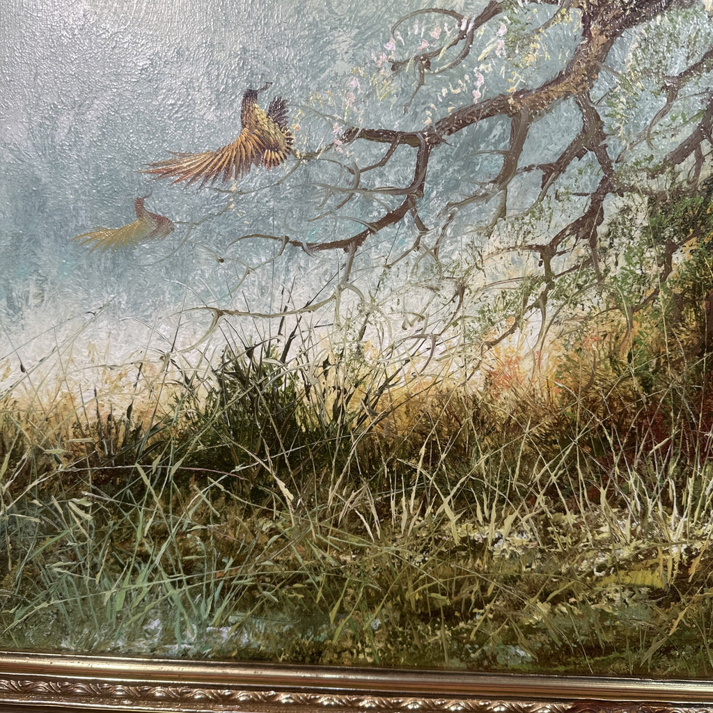 Large Signed Oil on Canvas Hunting Scene | Dog & Pheasants by L. Eiford | Framed | Vintage Art