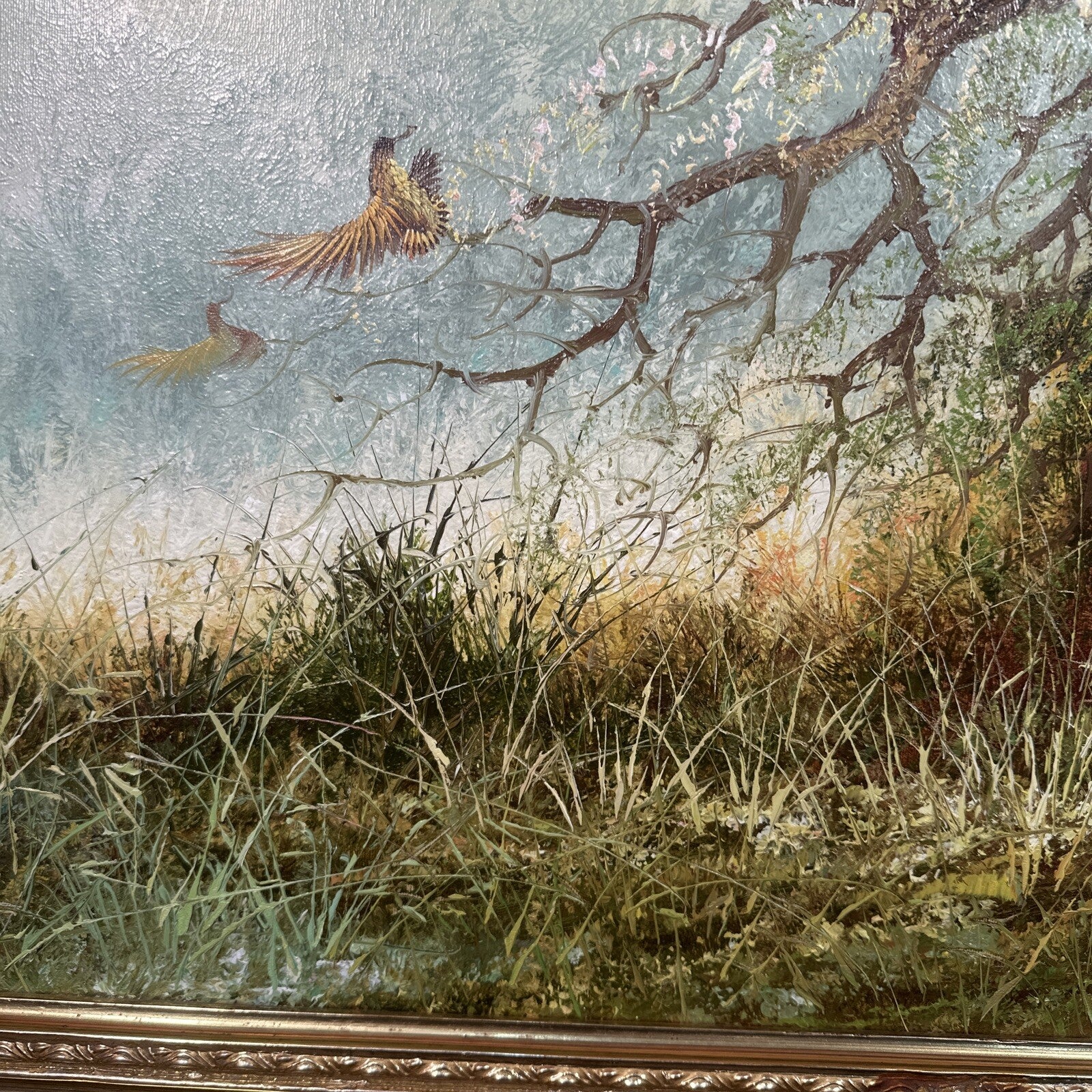 Large Signed Oil on Canvas Hunting Scene | Dog & Pheasants by L. Eiford | Framed | Vintage Art