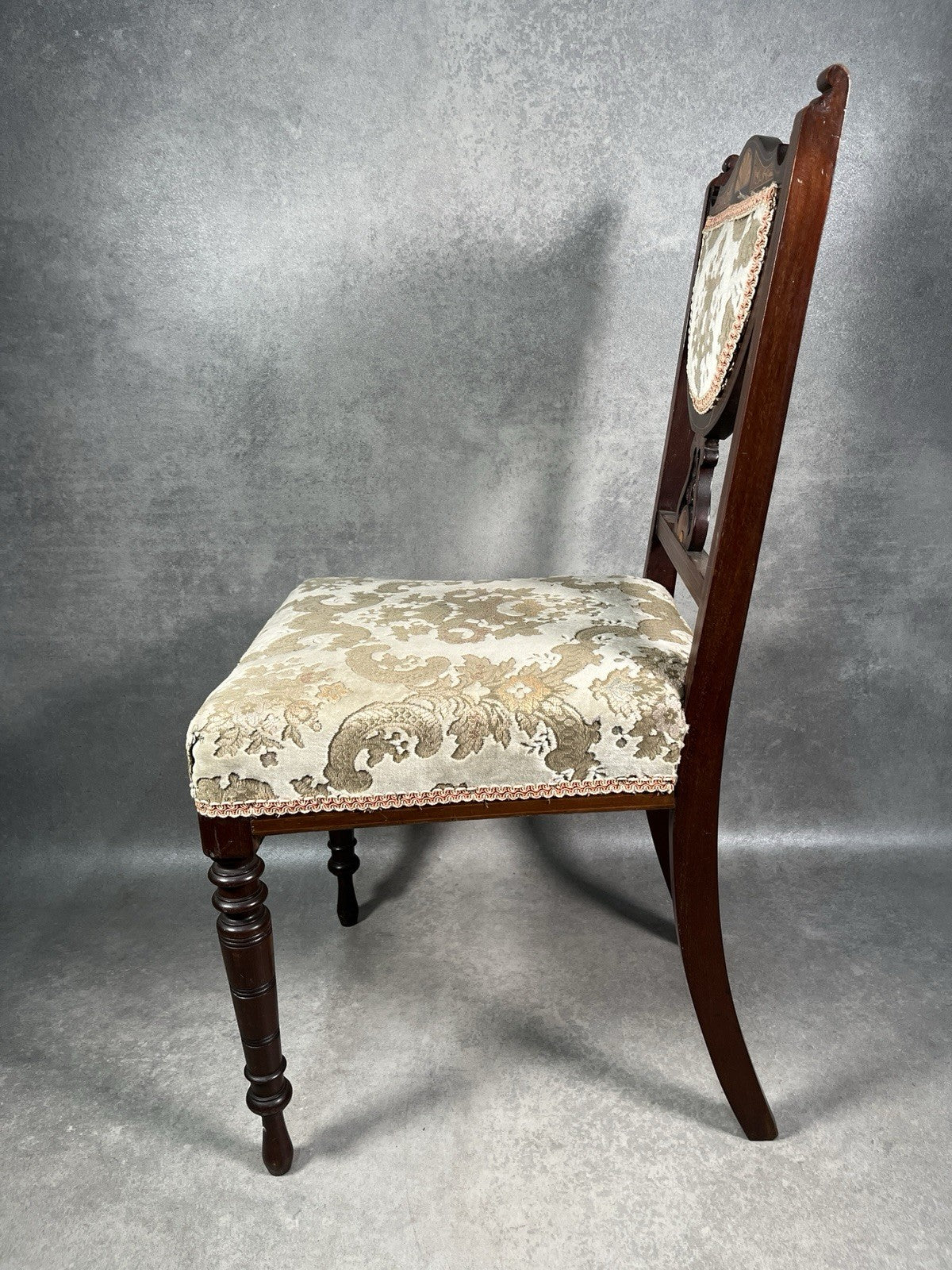 Edwardian Inlaid Mahogany Chair | Satinwood Fan Motif | Floral Upholstery | c.1900 | Antique | Used