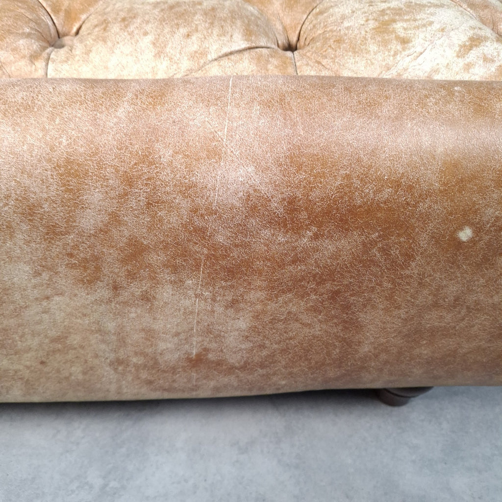 Large Square Tan Leather Chesterfield-Style Footstool | Button Top | Rustic | Used | 72cm