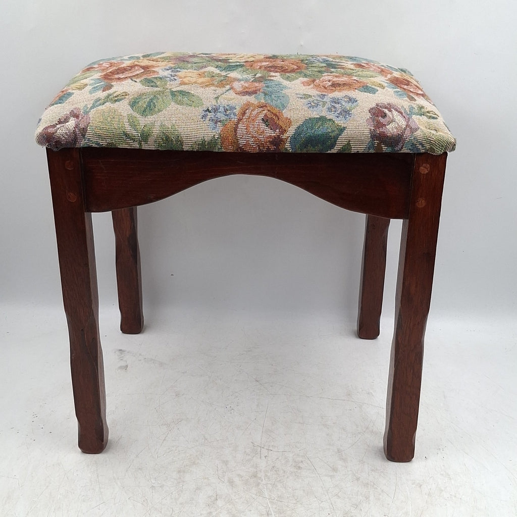 Floral Tapestry Upholstered Mahogany Footstool - Queen Anne Style - Cabriole Legs - Vintage - Pre-Owned