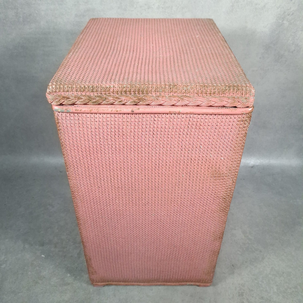 Vintage Pink Lloyd Loom Style Woven Fibre Laundry Basket / Linen Hamper - 1950s, Used, Green Original Colour