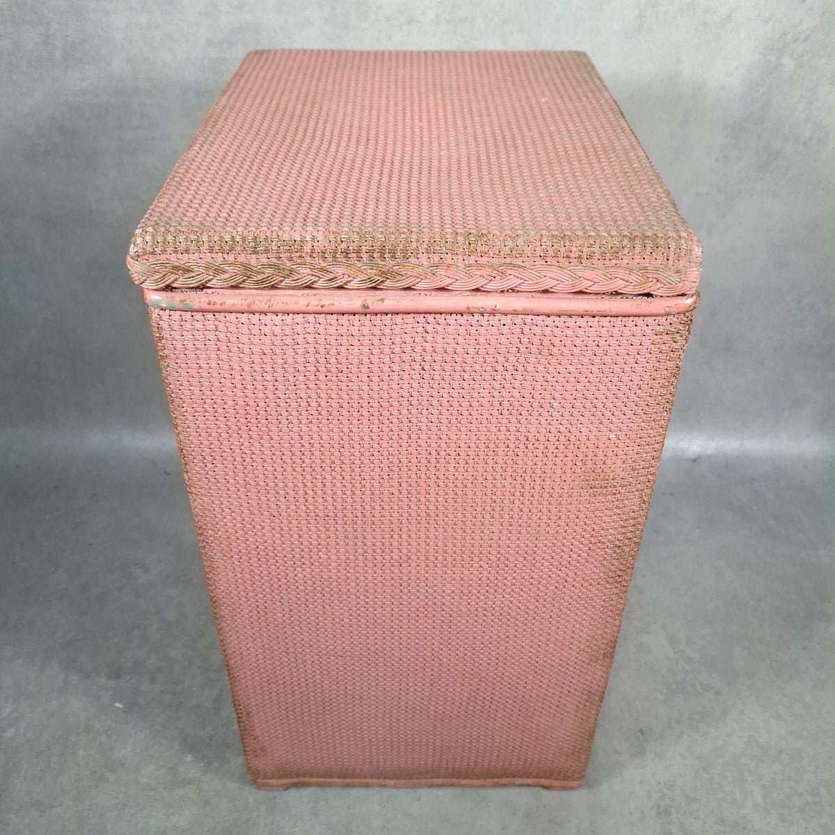 Vintage Pink Lloyd Loom Style Woven Fibre Laundry Basket / Linen Hamper - 1950s, Used, Green Original Colour