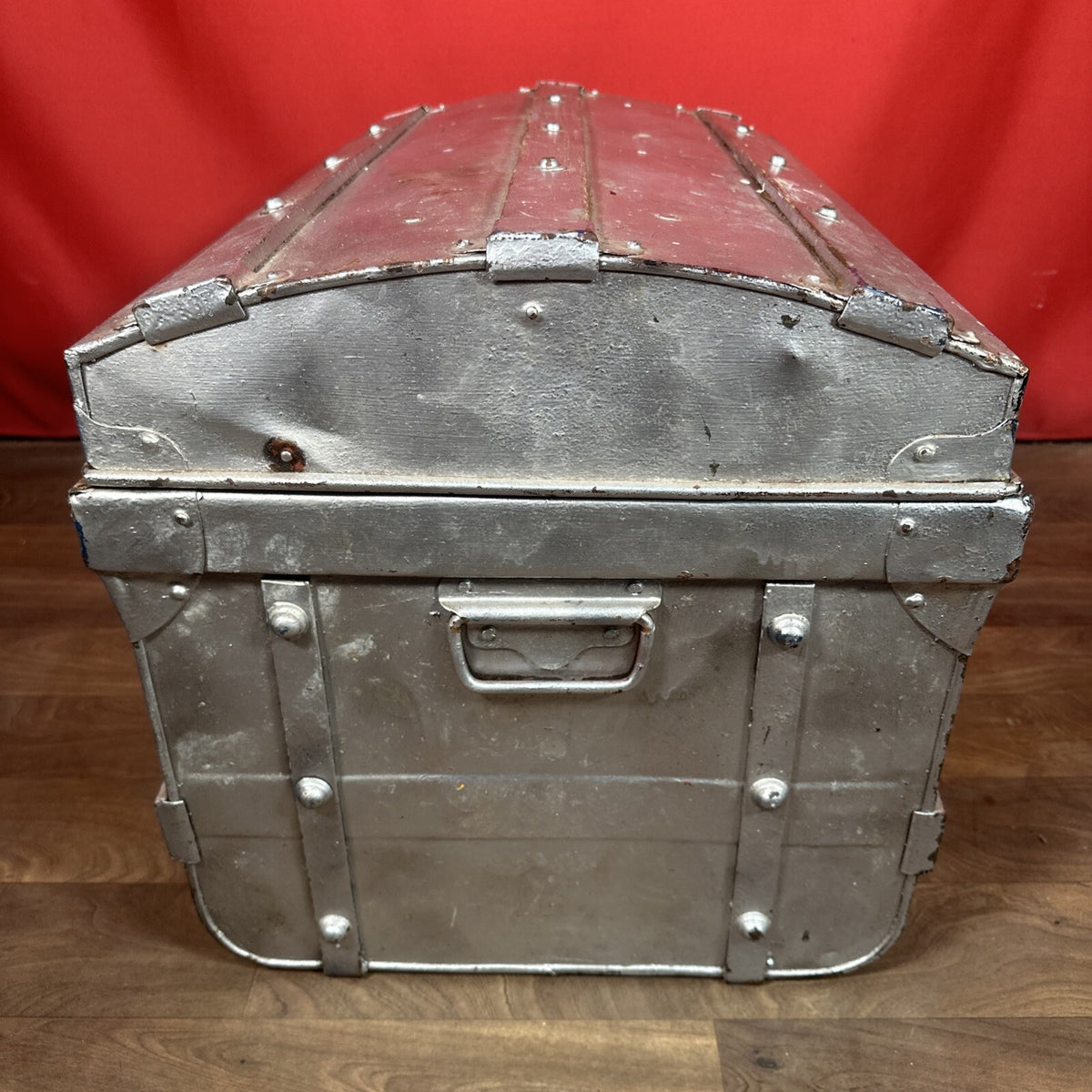 Large Vintage Metal Dome-Top Steamer Trunk - Storage Chest, Stage Prop, One Latch Missing, Used
