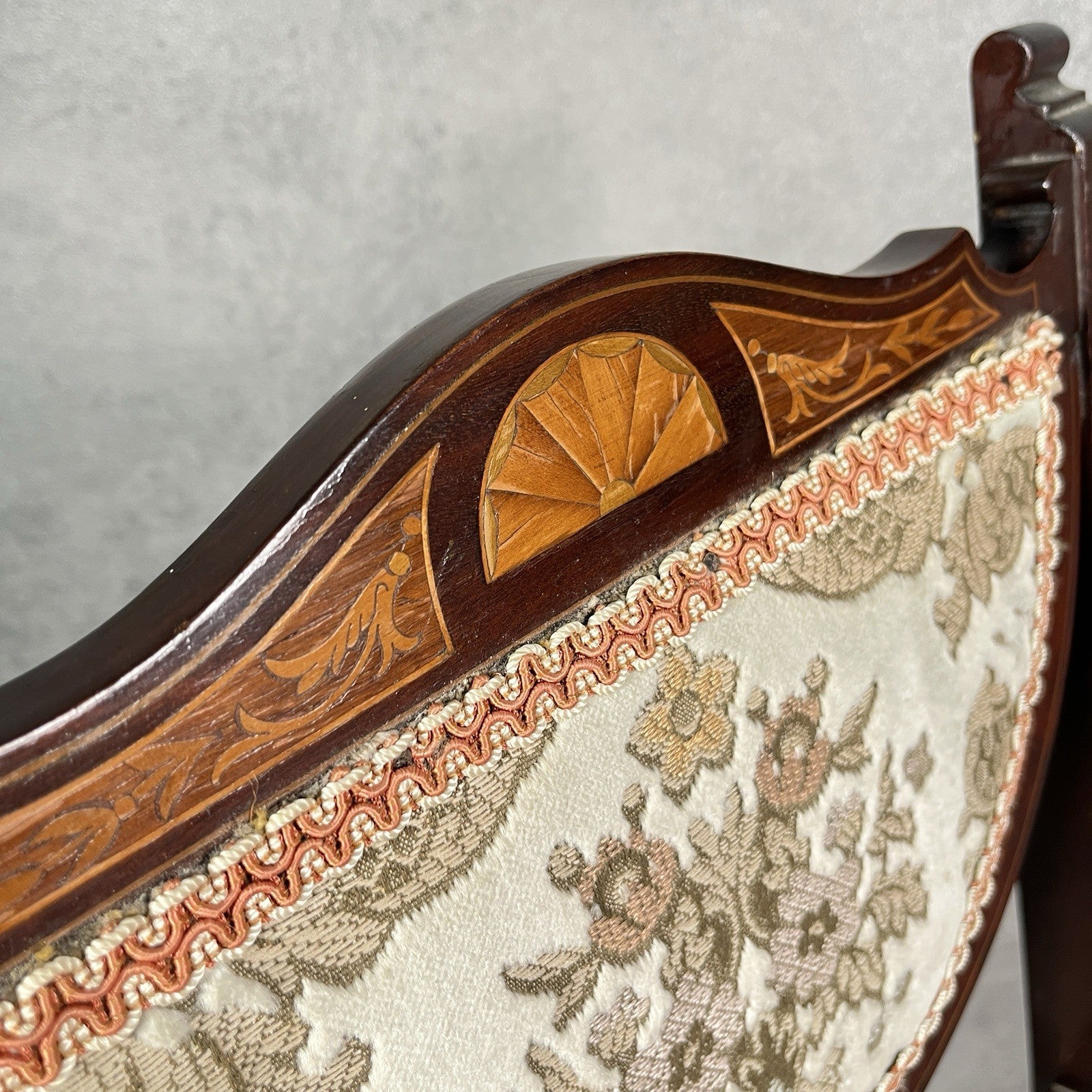 Edwardian Inlaid Mahogany Bedroom Chair | Satinwood Fan Motif | Floral Upholstery | Castors | c.1900 | Used