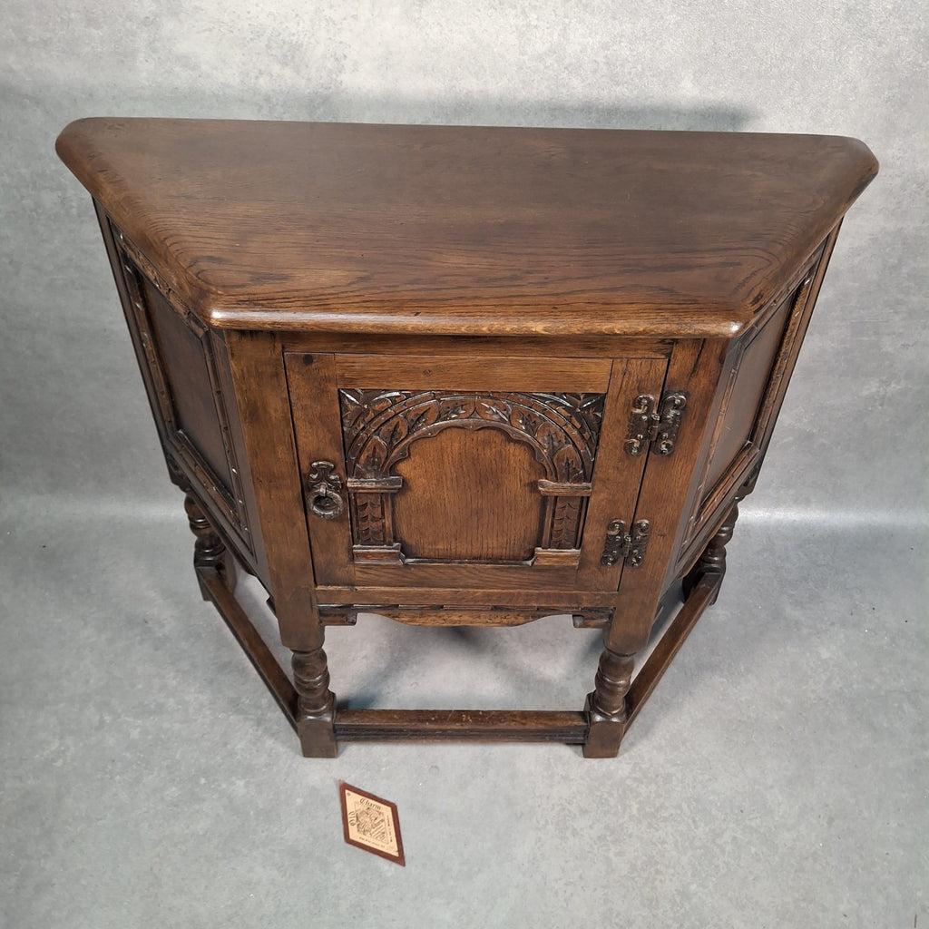 Old Charm Wood Bros Oak Hall Stand Cabinet – Carved Tudor Style Side Cupboard