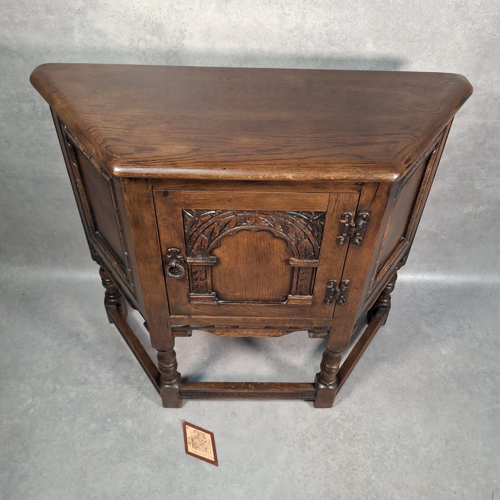 Old Charm Wood Bros Oak Hall Stand Cabinet – Carved Tudor Style Side Cupboard