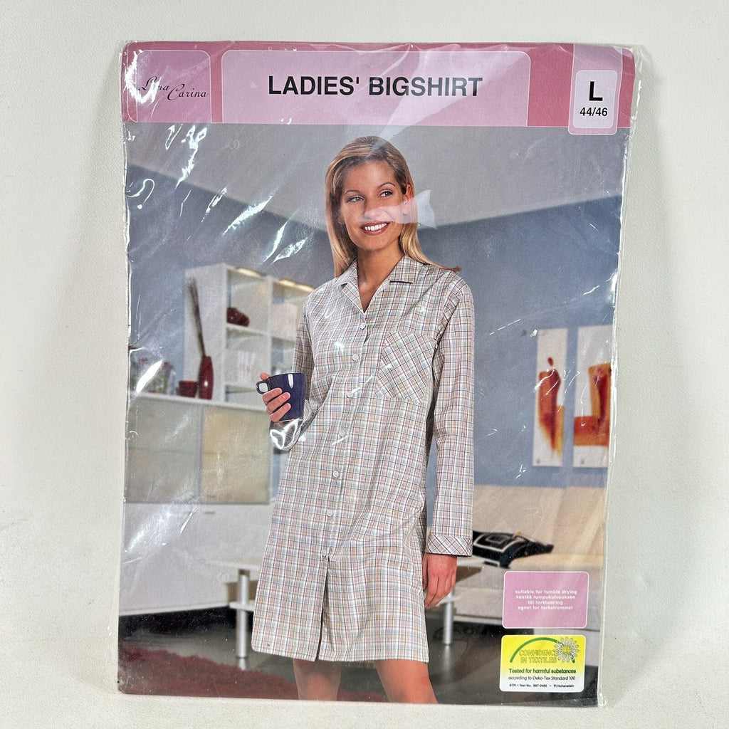 Luna Carina Ladies Bigshirt Nightshirt - 100% Cotton - Check - Size L (44/46) - New Old Stock Unopened