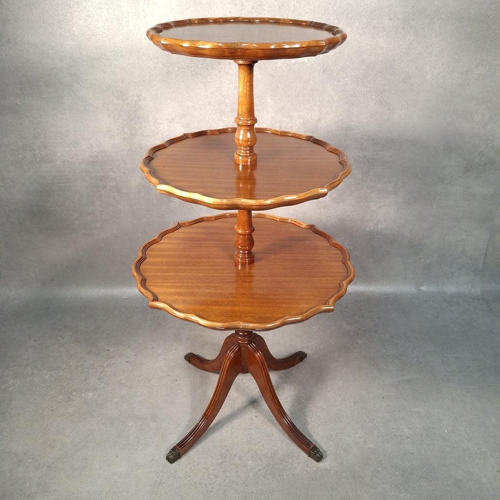 Vintage Reproduction Dumb Waiter Tiered Occasional Table | Solid Wood | Brass Lion Paw Feet | Used