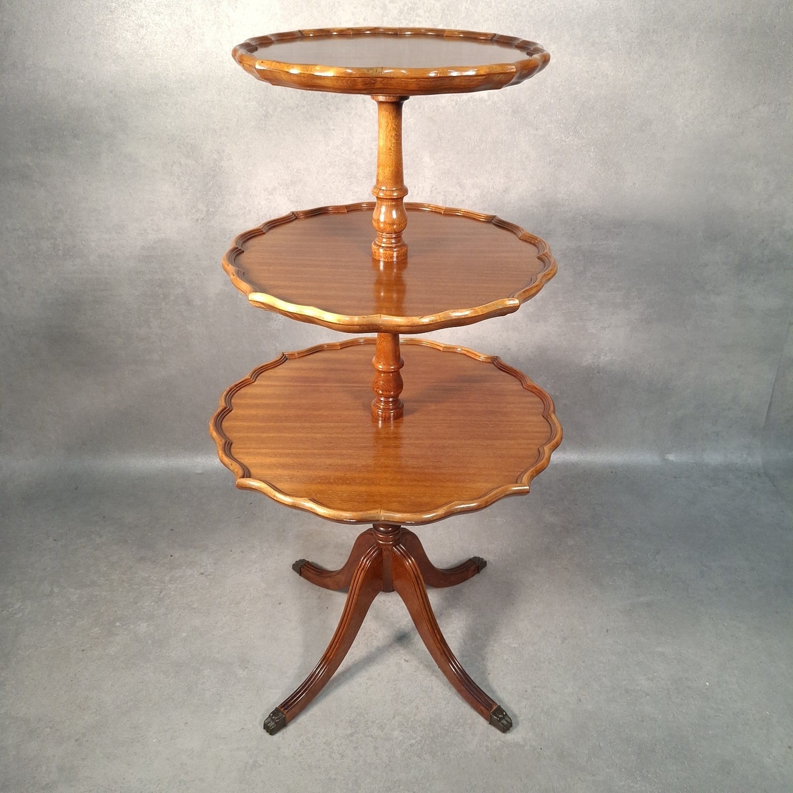 Vintage Reproduction Dumb Waiter Tiered Occasional Table | Solid Wood | Brass Lion Paw Feet | Used