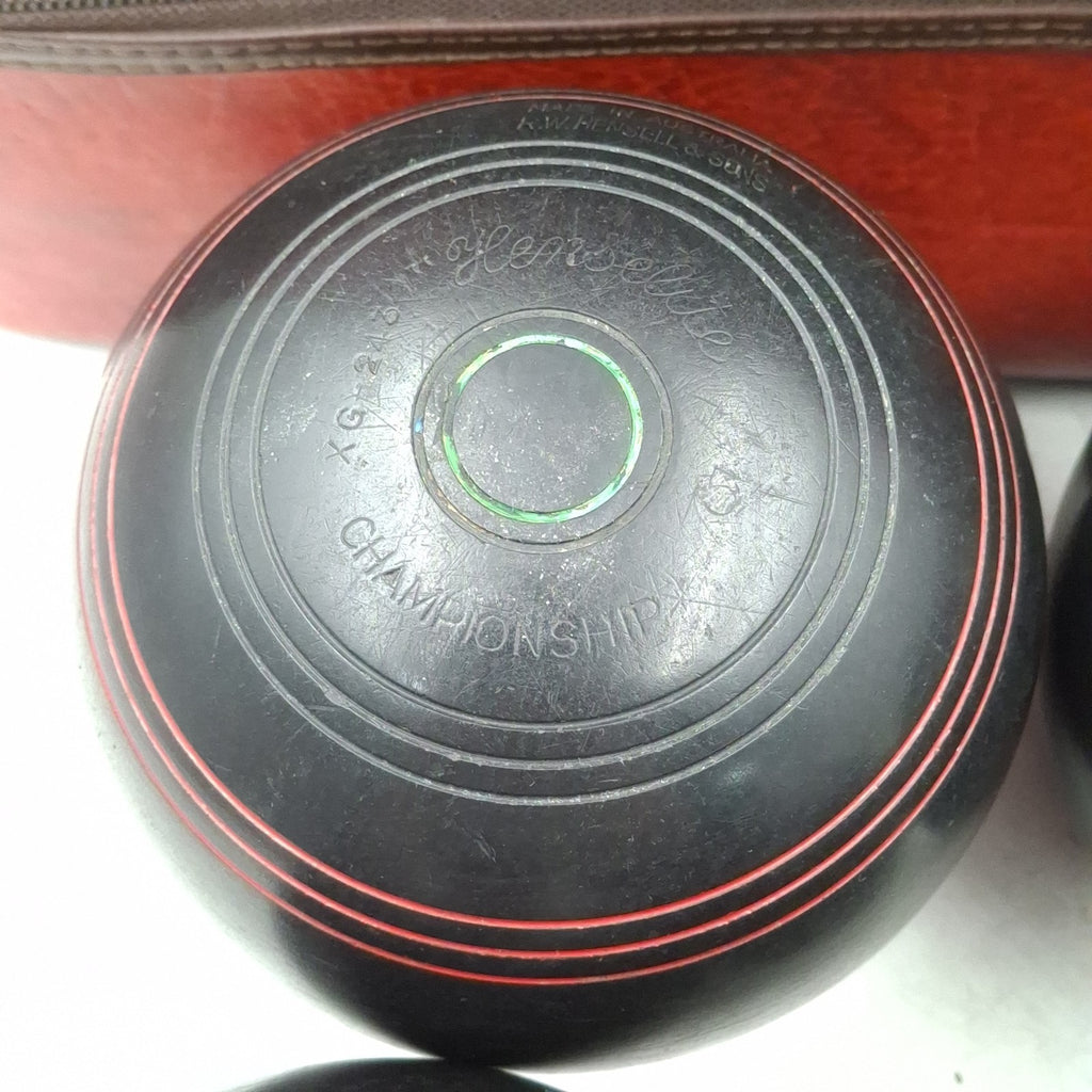 Henselite Championship Super-Grip Lawn Bowls - Size 5 - Black - Set of 4 - Vintage - with Welkin Bag - Used