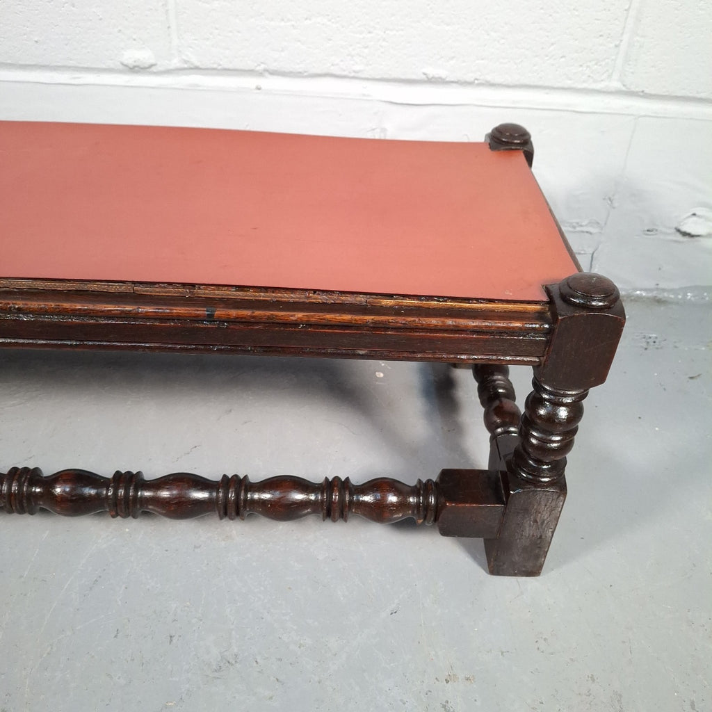 Antique Victorian Mahogany Footstool Plant Stand Turned Wood Small Table Red Top