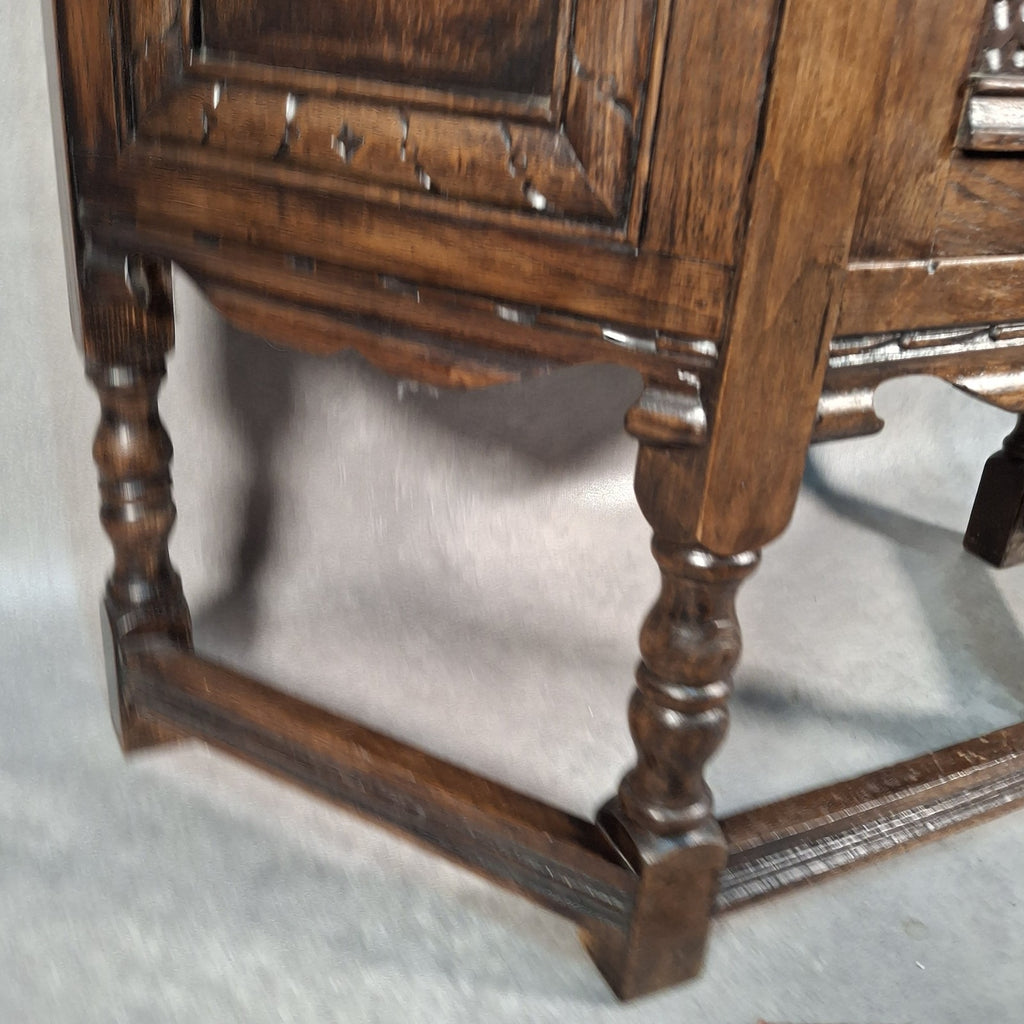 Old Charm Wood Bros Oak Hall Stand Cabinet – Carved Tudor Style Side Cupboard