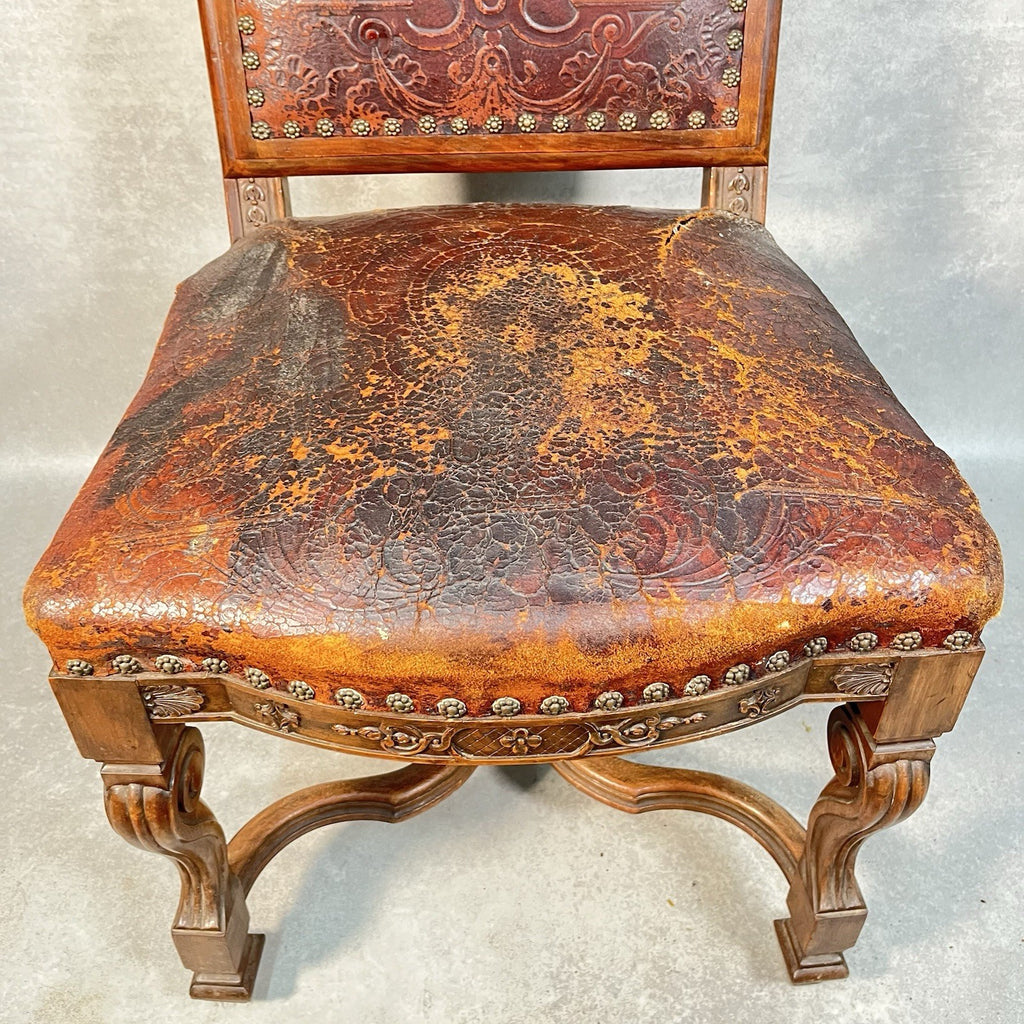 Antique Victorian Renaissance Revival Oak Hall Chair | Tooled Leather Seat & Back | c.1880s | Used