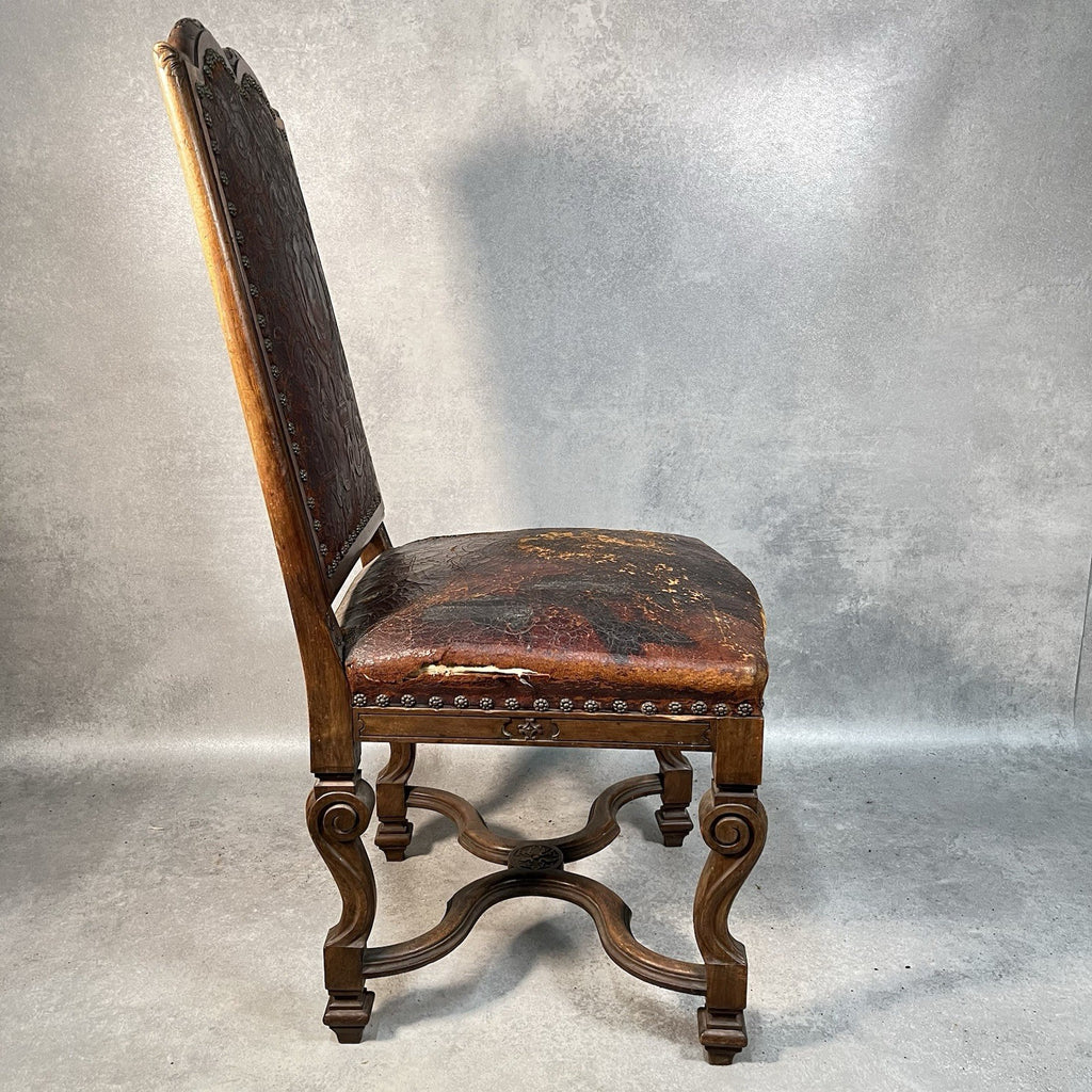 Antique Victorian Renaissance Revival Oak Hall Chair | Tooled Leather Seat & Back | c.1880s | Used
